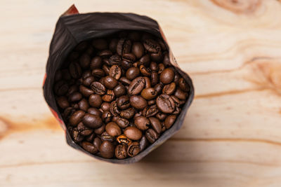 High angle view of coffee beans on table