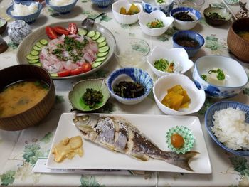 High angle view of meal served on table