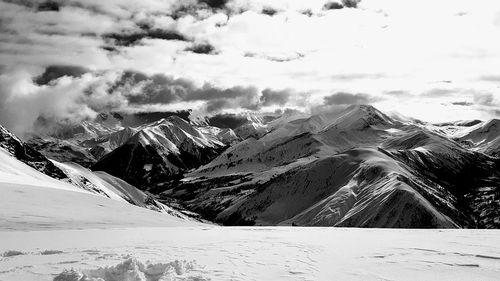 Aerial view of snowcapped mountains against sky