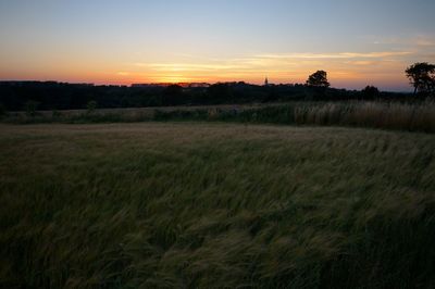 Scenic view of field against sky at sunset