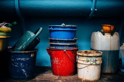 Plastic buckets in a still life scene