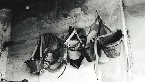 Close-up of clothes hanging on wall