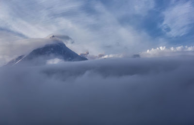 Low angle view of snowcapped mountain against sky