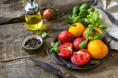 High angle view of fruits in bowl on table