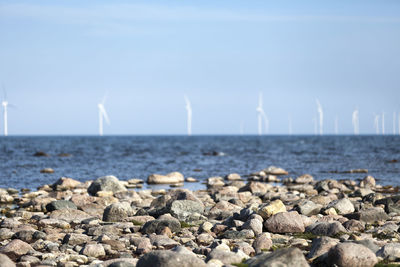 Rocky beach and wind turbines on background, oland, sweden