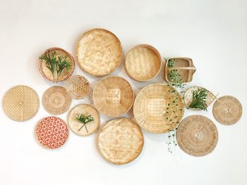 High angle view of food on table against white background