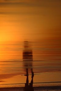 Upside down image of man with reflection on shore during sunset