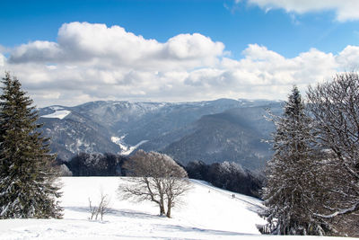 Scenic view of snow covered mountains against sky