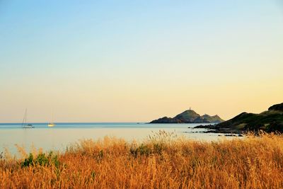 Scenic view of sea against clear sky during sunset