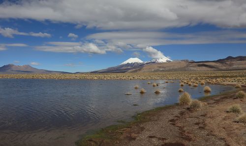 Blue high altitude lake in front of snow-capped volcanoes in sajama national park, bolivia