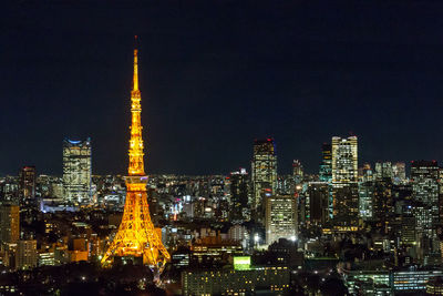 Illuminated buildings in city at night