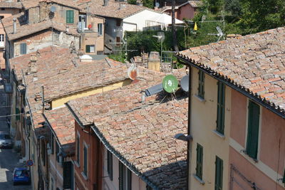 High angle view of old houses in town