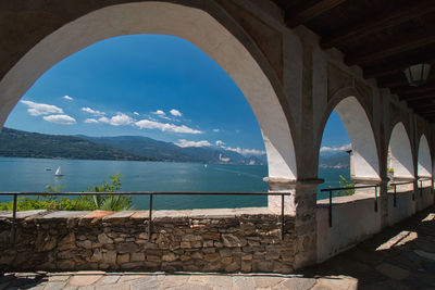 Built structure by lake against sky