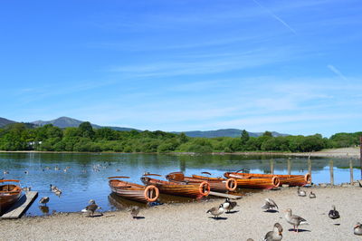 Boats moored at lakeshore against sky