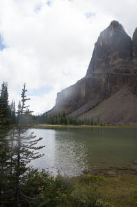 Scenic view of lake against cloudy sky