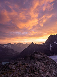 Scenic view of mountains against sky during sunset