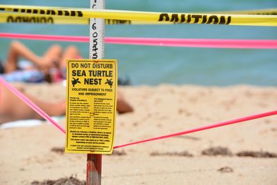 Close-up of information sign on beach