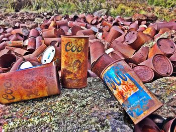 High angle view of old rusty metal