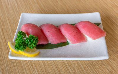 Close-up of sushi in plate on table