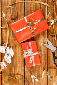 High angle view of christmas decorations on table