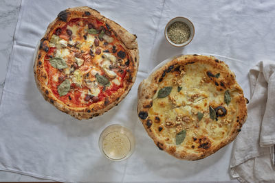 High angle view of pizza on table