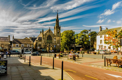 View of street and buildings in city