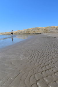 Man walking on beach against clear blue sky