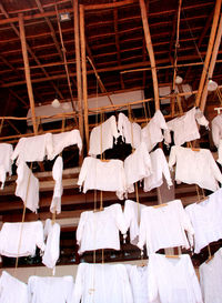 Low angle view of white clothing hanging from ropes