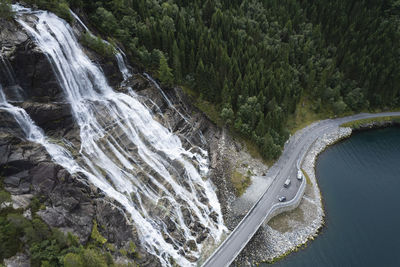 Norwegian vestland scenic roadside furebergfossen waterfalls aerial photo. 