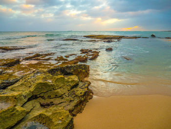 Scenic view of beach against sky during sunset