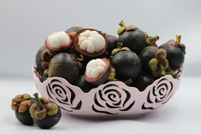 Close-up of fruits on table against white background