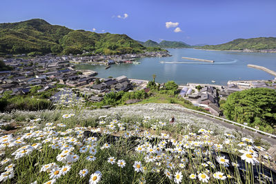 High angle view of townscape by sea against sky