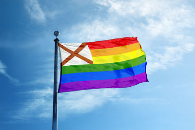 Low angle view of flags against blue sky