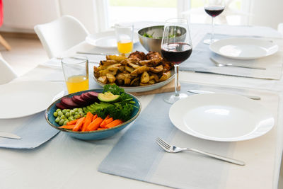 High angle view of food served on table