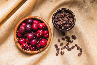 Still life of cherries and raisins on a tablecloth