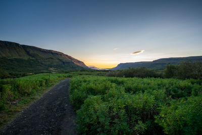 Scenic view of mountains against sky during sunset