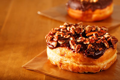 High angle view of donut in plate on table