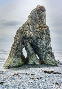 A natural rock monolith at ruby beach in washington state.