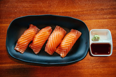 High angle view of food in plate on table