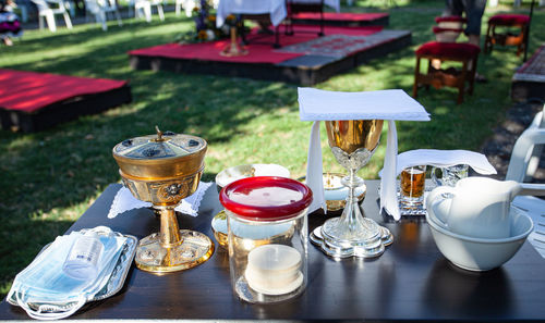 High angle view of wine glasses on table