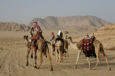 Rear view of people riding camels on desert landscape against sky