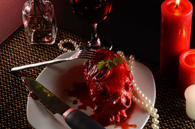 High angle view of drink served on table