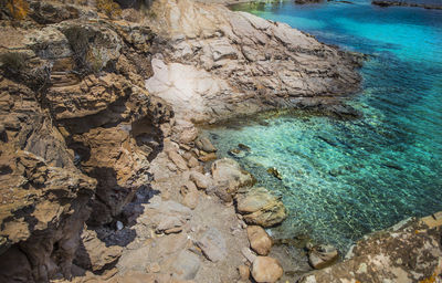 High angle view of rock formation in sea