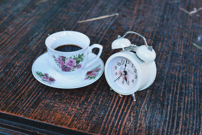 High angle view of tea cup on table