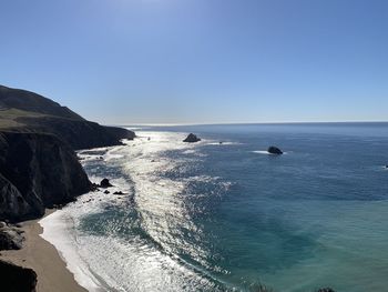 Scenic view of sea against clear blue sky