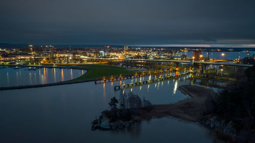 High angle view of illuminated city at night