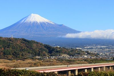 Scenic view of mountain against blue sky