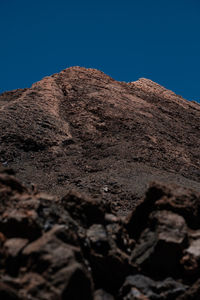 Low angle view of rocks against clear blue sky