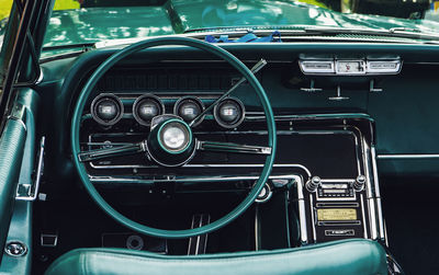 Interior view of old vintage car. view on dashboard of classic car