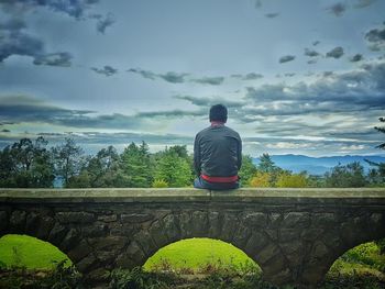 Rear view of man standing by bridge against sky